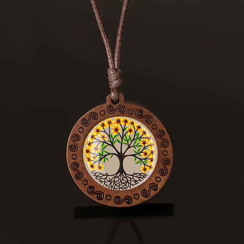Sunflower Tree of Life Wooden Necklace, Retro Gift